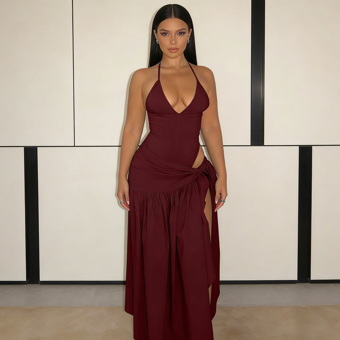 Damen Elegantes Bodenkleid mit Wickeldesign und Raffungen Drune