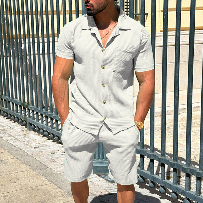 Herren nan lässiges zweiteiliges Freizeitset aus geripptem Jersey mit Hemdkragen Knopfleiste und Shorts Drune