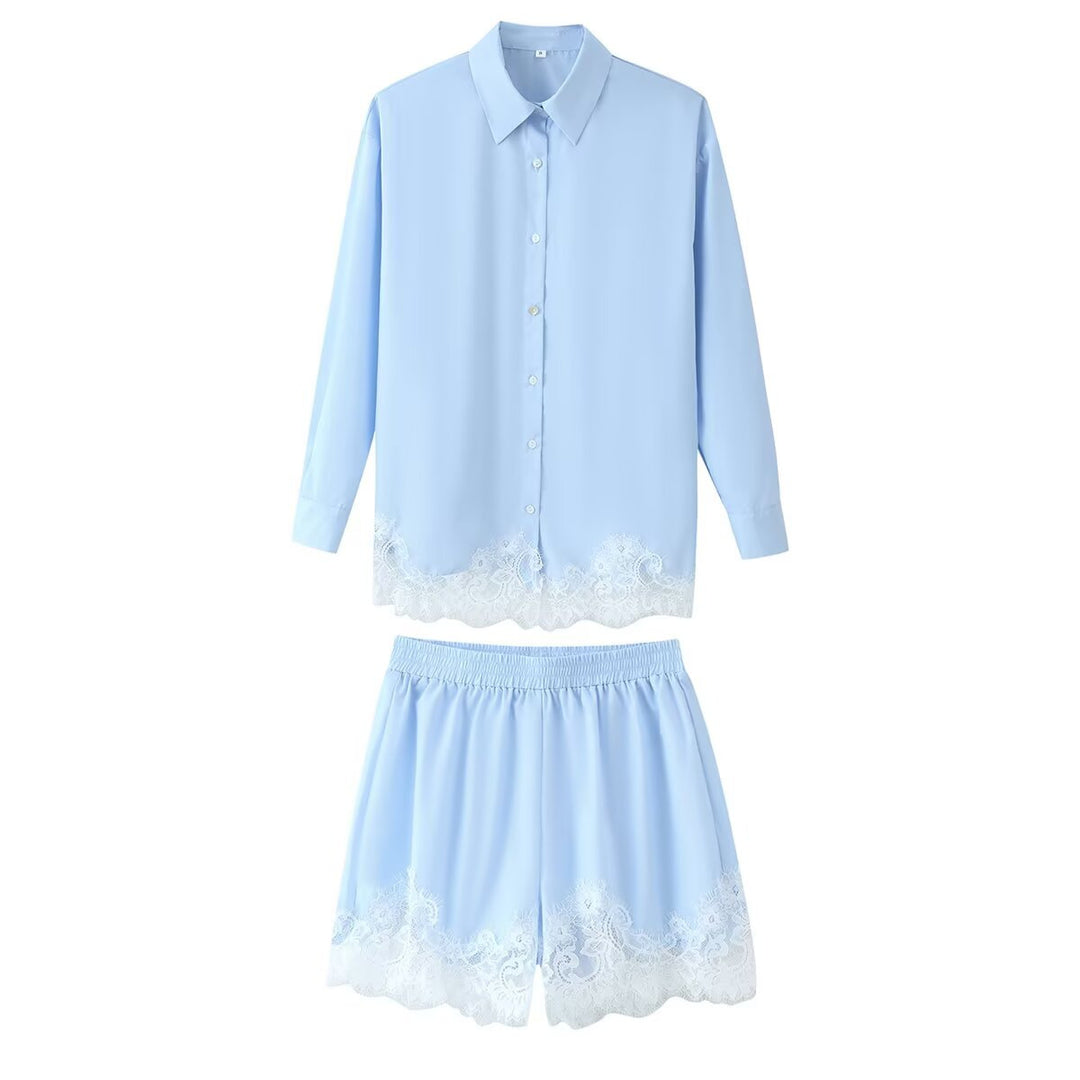 Damen nan zweiteiliges Satin-Pyjama-Set mit Hemdbluse, Gummibund-Shorts und Spitzenbesatz Drune
