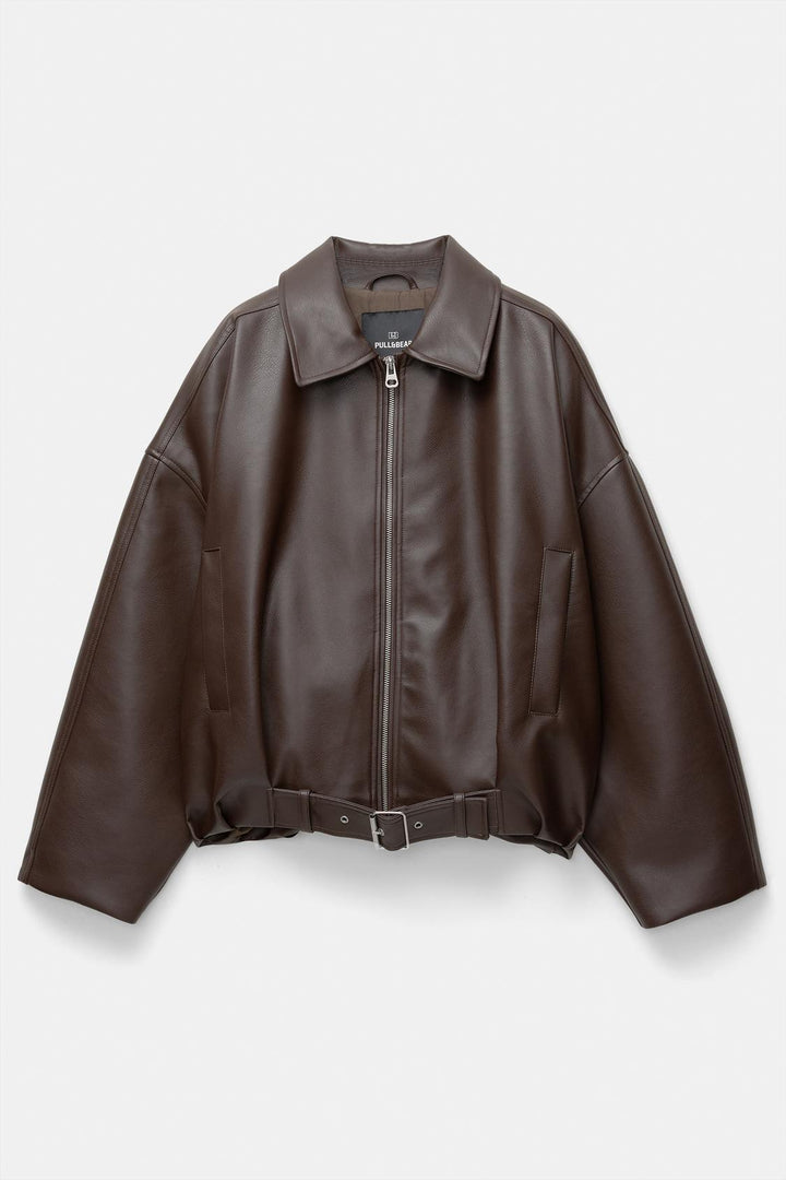 Damen nan kurz geschnittene Kunstlederjacke mit durchgehendem Reißverschluss und taillierendem Gürtel Drune