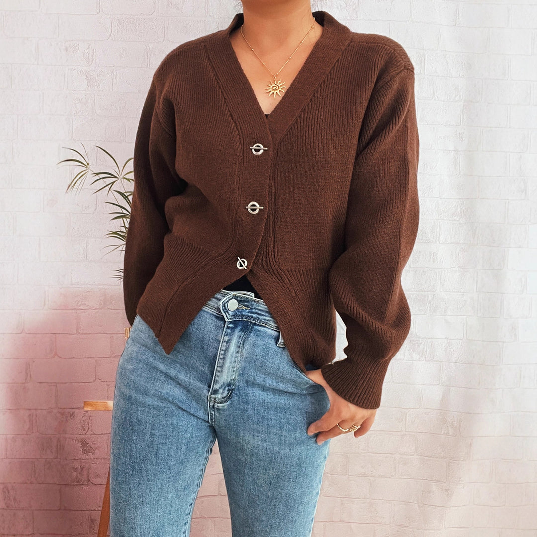 Damen leichte Strickjacke mit tiefem V-Ausschnitt und dekorativen Knöpfen Drune
