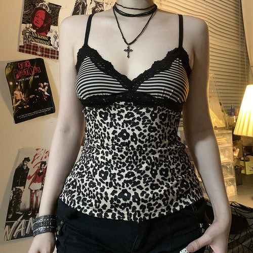 Damen Spaghetti-Trägertop mit elegantem Spitzenbesatz und modernem Leopardenmuster Drune