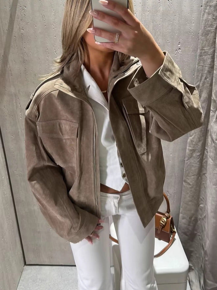 Damen Modische Utility-Jacke mit praktischen Taschen und Stehkragen Drune