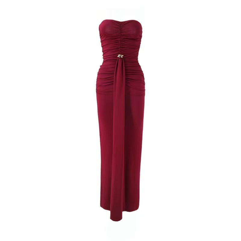Damen Elegantes Drapeekleid mit schulterfreiem Design und kunstvollem Bund Drune