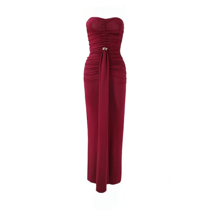 Damen Elegantes Drapeekleid mit schulterfreiem Design und kunstvollem Bund Drune