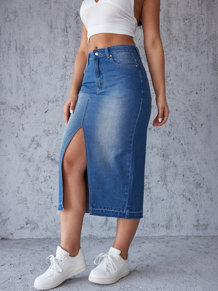 Damen Denim-Midirock mit hohem Schlitz und tailliertem Schnitt Drune