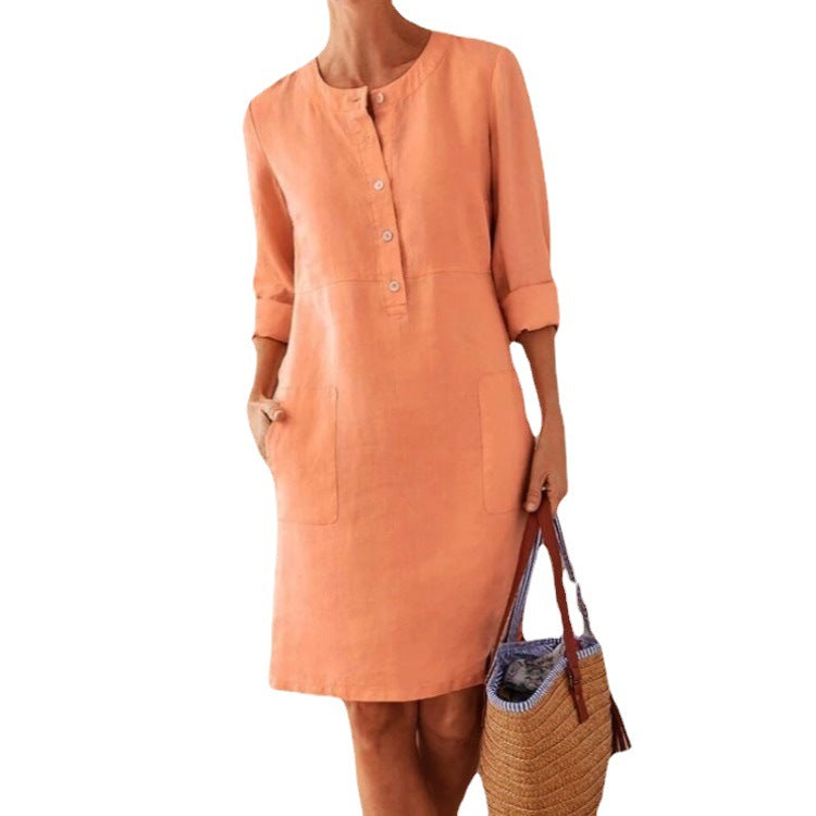 Damen Leichtes Leinenkleid mit praktischen Taschen und angesagtem Knopfdesign Drune