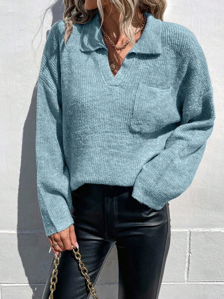 Damen Sportlicher Pullover mit modernem V-Ausschnitt und praktischer Brusttasche Drune
