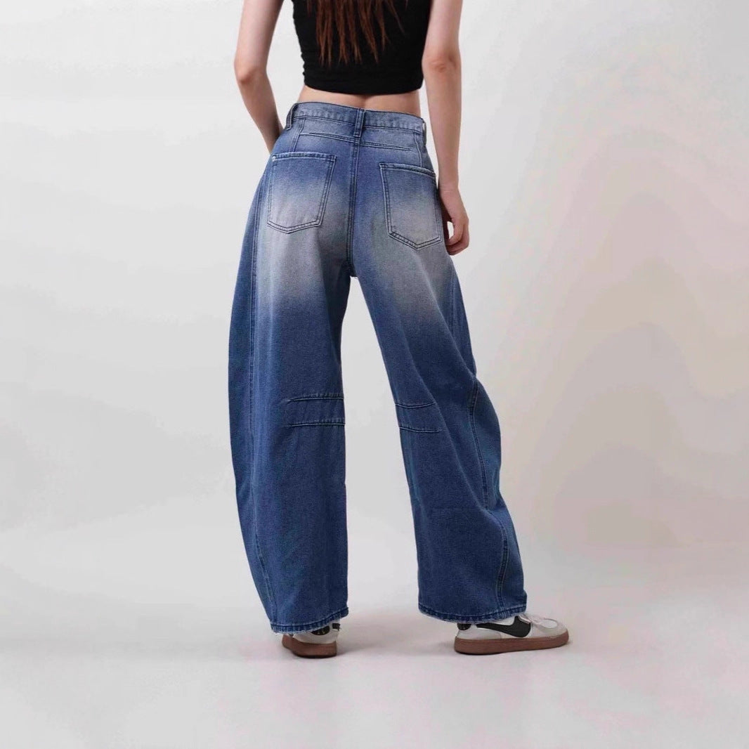 Damen nan Baggy-Jeans mit hohem Bund, sichtbaren Nahtpaneelen und distressed Kniepartien Drune