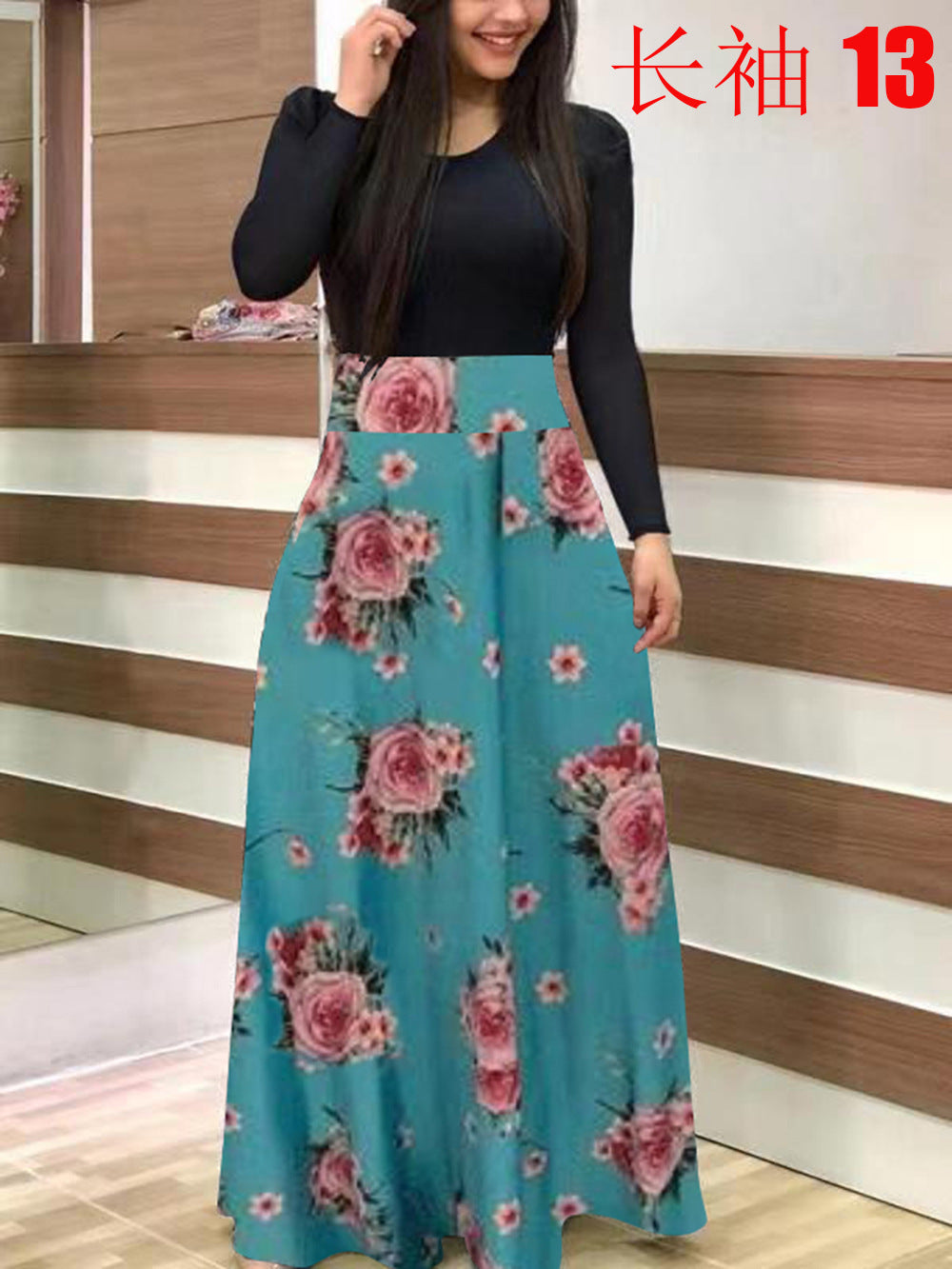 Damen Elegantes Maxikleid mit grafischem Druck und flexiblem Bund Drune