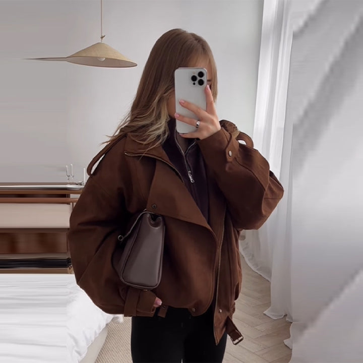 Damen Oversized Kunstlederjacke mit praktischen Taschen und lässigem Schnitt Drune