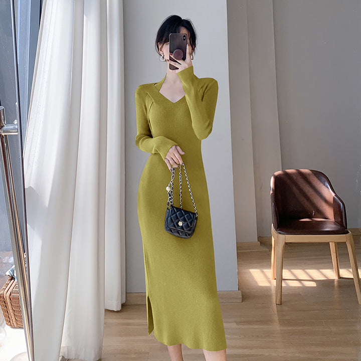 Damen langärmliges Kleid mit V-Ausschnitt und seitlichem Schlitz Drune