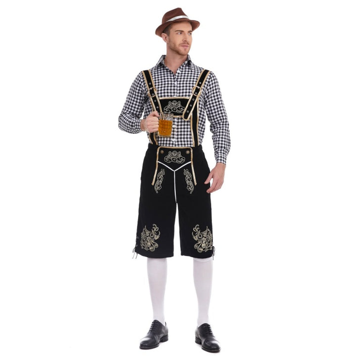 Herren nan Filzoptik-Lederhose knielang mit barocker Stickerei, verstellbaren Trägern und Dekornieten Drune