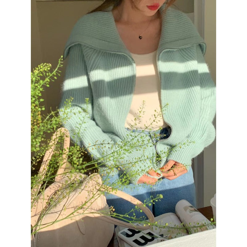 Damen gemütlicher Strickjacke mit offener Front und modischem Kragen Drune