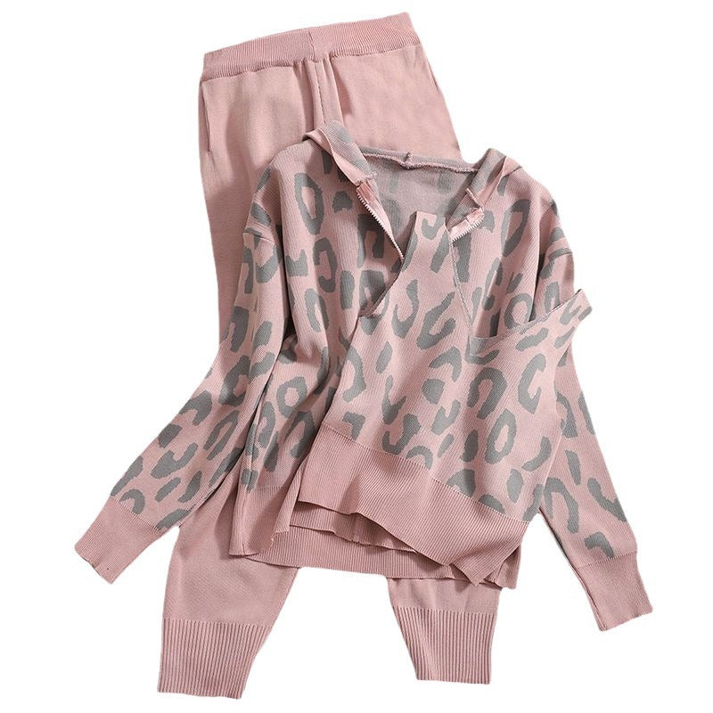 Damen lässiges Hoodie- und Jogginganzug-Set mit Leopardenmuster Drune