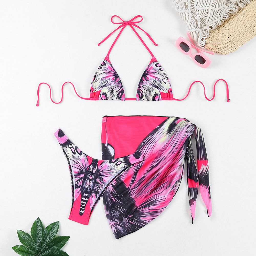 Damen Triangel-Bikini-Set mit aufregendem Schmetterlingsdruck und passendem Pareo Drune