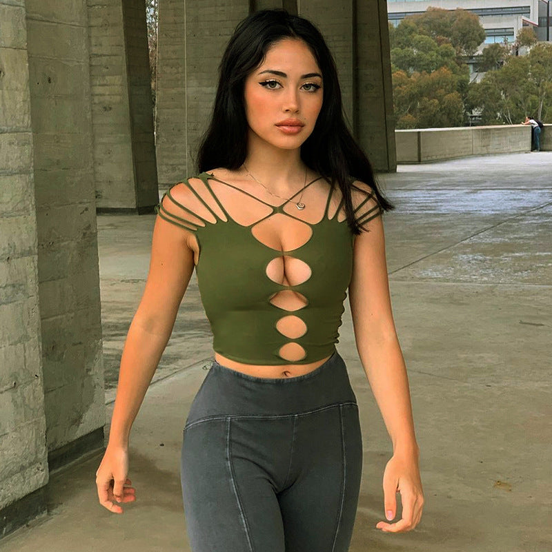 Damen Crop-Top mit kreativen Cut-Out-Details und modischen Trägern Drune
