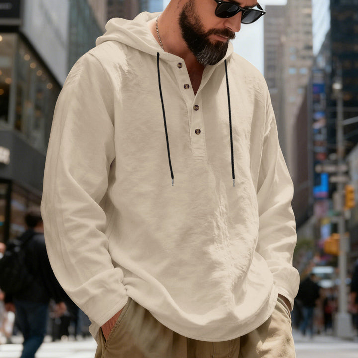 Herren nan legeres Henley-Kapuzenhemd mit Knopfleiste, Kordelzug und gerundetem Saum Drune