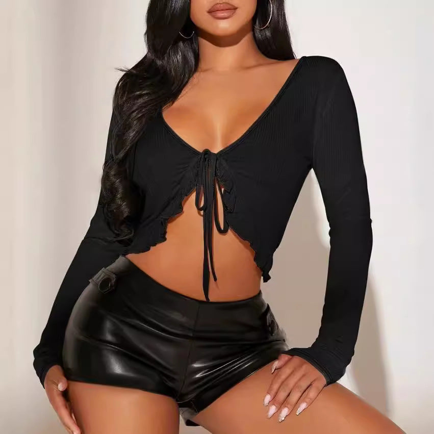 Damen kurzärmeliges Crop-Top mit verspieltem Kordelzug und Rüschendetails Drune