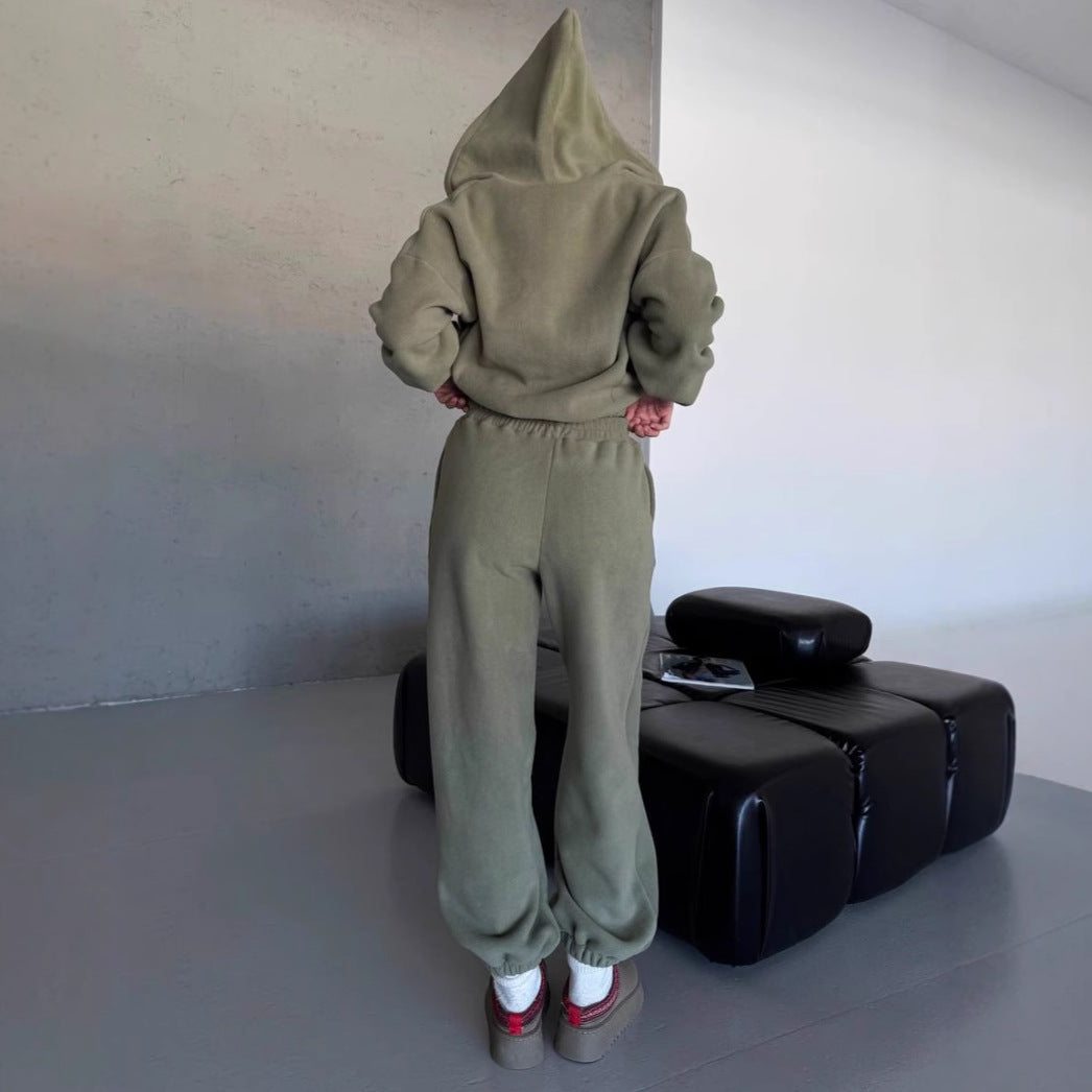 Damen stylisches Fleece-Loungewear-Set mit cropped Jacke und bequemen Jogginghosen Drune