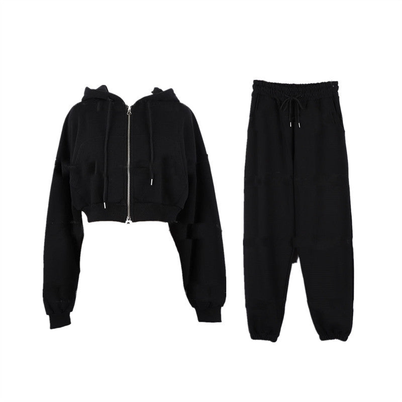 Damen sportliches Zweiteiler-Set mit cropped Kapuzenjacke und bequemen Jogginghose Drune