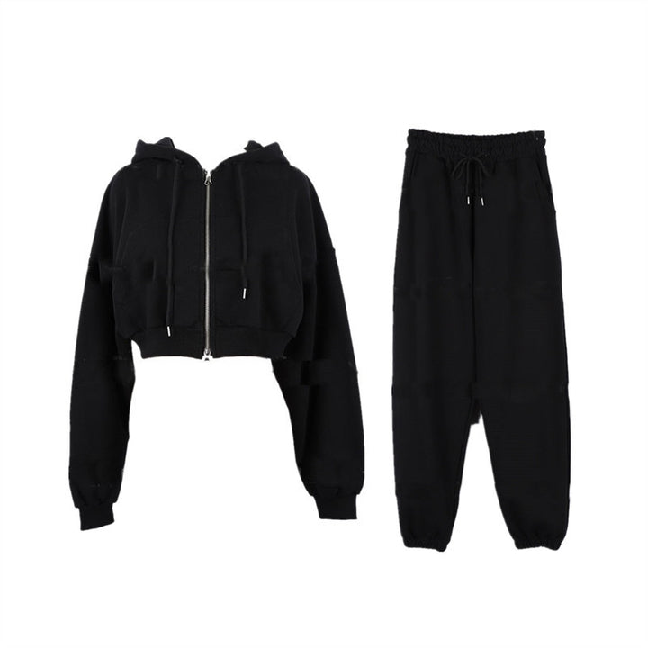 Damen sportliches Zweiteiler-Set mit cropped Kapuzenjacke und bequemen Jogginghose Drune