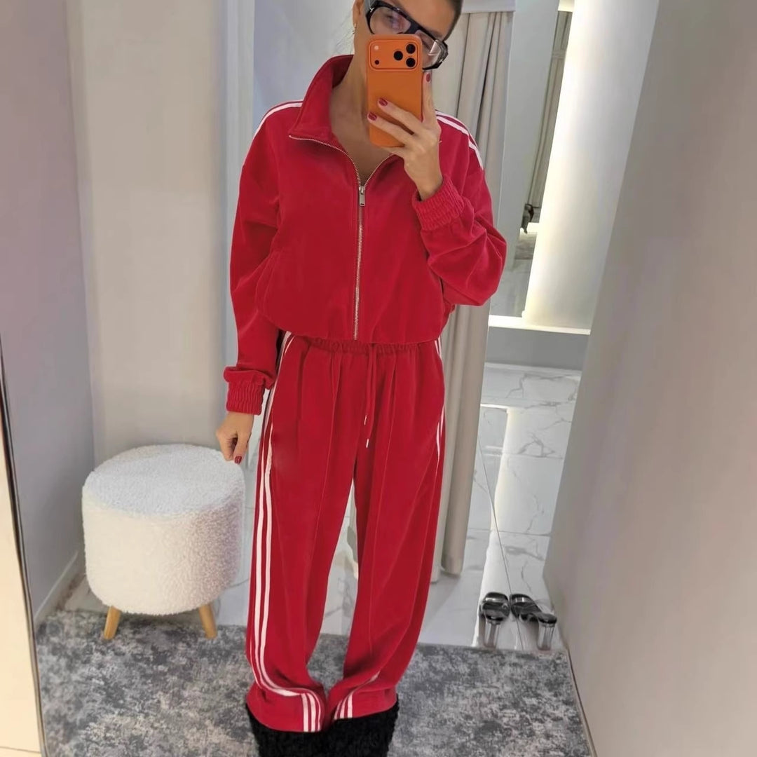 Damen sportlicher Velours-Jogginganzug mit hochgeschlossenem Kragen und elastischem Bund Drune