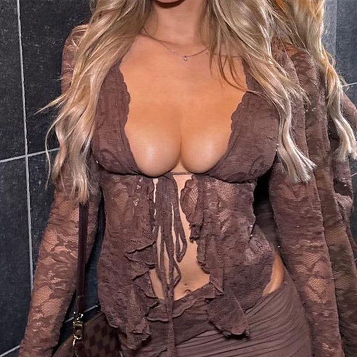 Damen Elegantes Spitzenoberteil mit Rüschendetails und tiefem Ausschnitt Drune