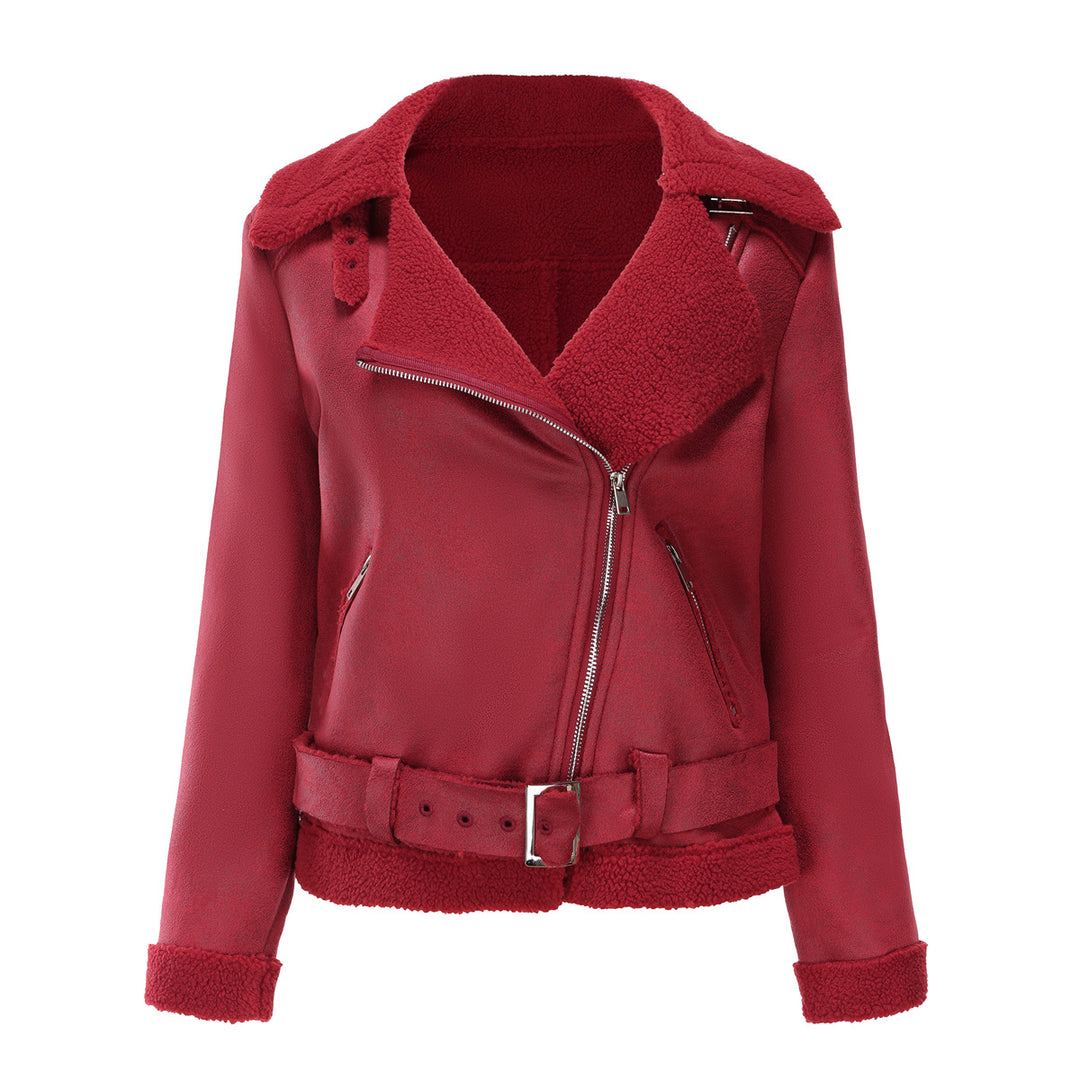 Damen nan taillierte Lammfellimitat-Fliegerjacke mit Gürtel und Teddyfutter Drune
