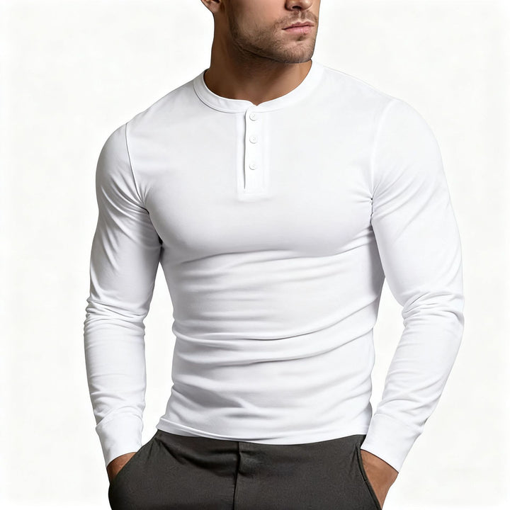 Herren nan tailliertes Langarm-Henley-Shirt aus Baumwollmix mit Knopfleiste Drune