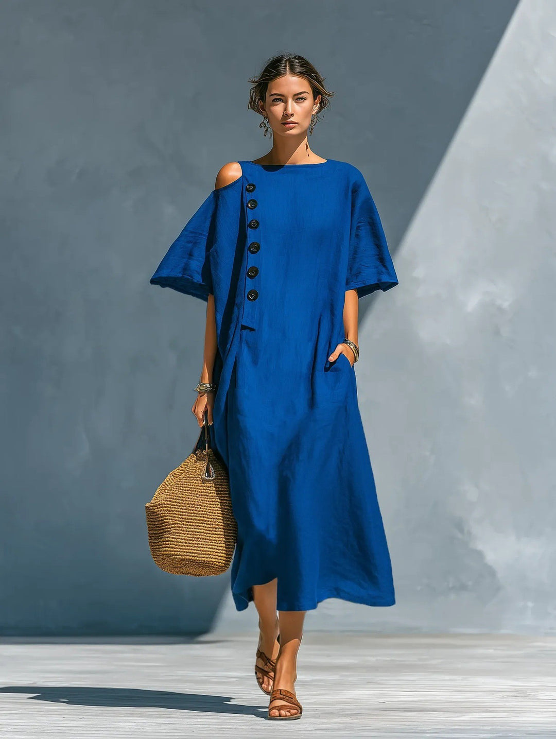 Damen Oversize-Langarmkleid mit asymmetrischem Ausschnitt und Knopfdetail Drune