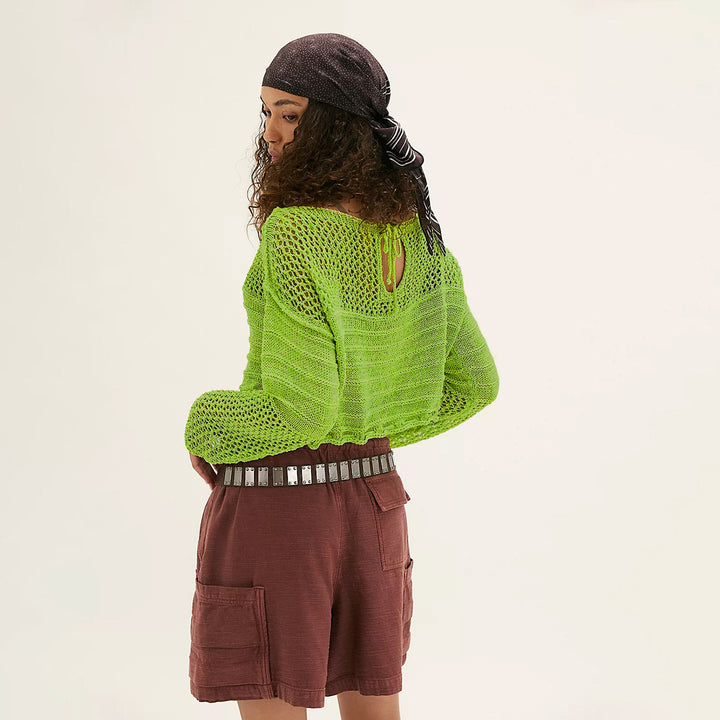 Damen Kreatives Netzpullover mit verspieltem Kordelzug Drune