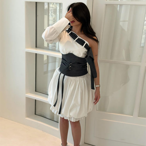 Damen Off-Shoulder Kleid mit innovativem Taillenkorpus und voluminösem Rock Drune