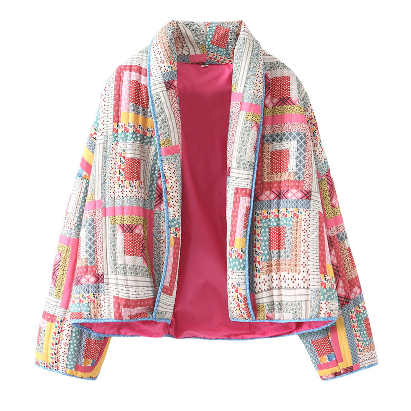Damen gesteppte Patchwork-Jacke mit buntem Design und praktischen Taschen Drune
