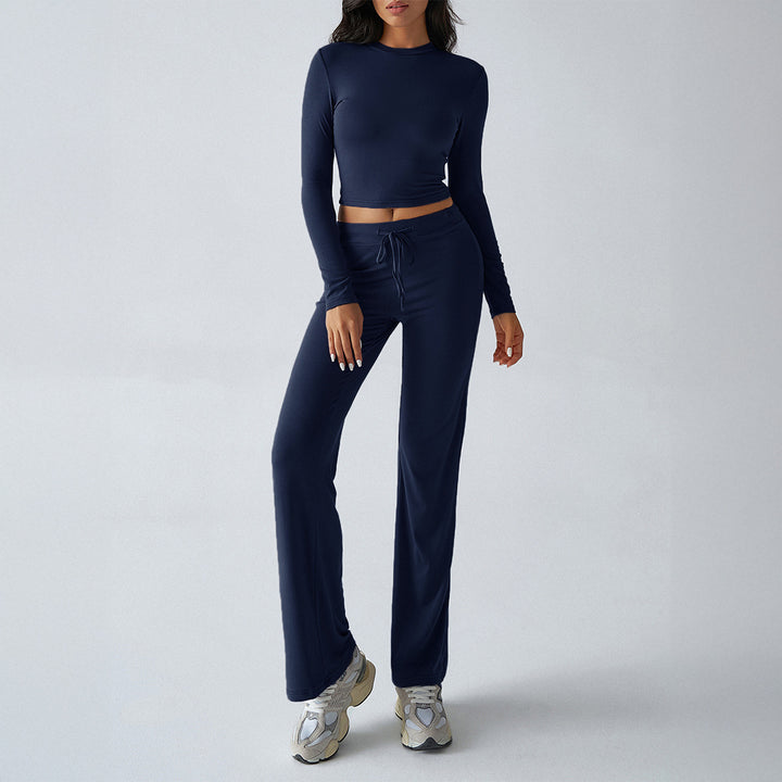Damen nan tailliertes Longsleeve-Crop-Top und weite Lounge-Hose im Zweiteiler-Set aus Stretchjersey Drune