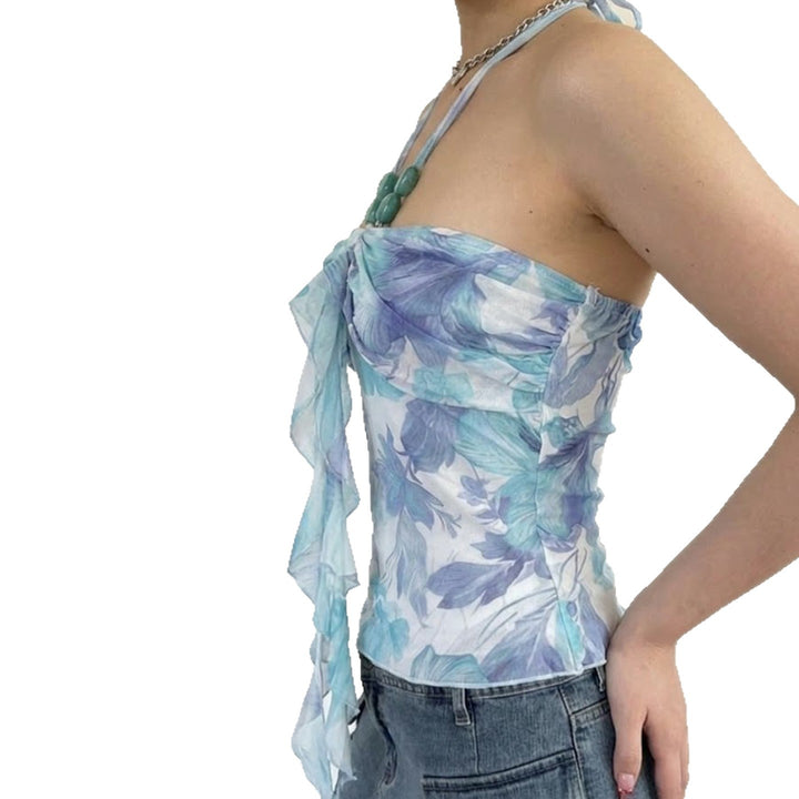 Damen Neckholder-Bluse mit floralem Design und raffiniertem Lockenabschluss Drune