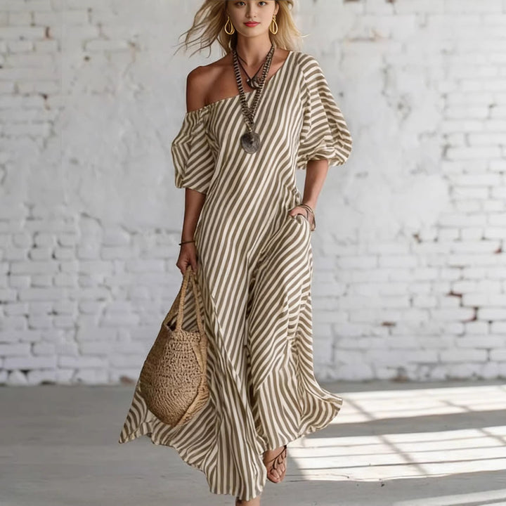 Damen Maxikleid mit asymmetrischem Schnitt und auffälligen Streifen Drune