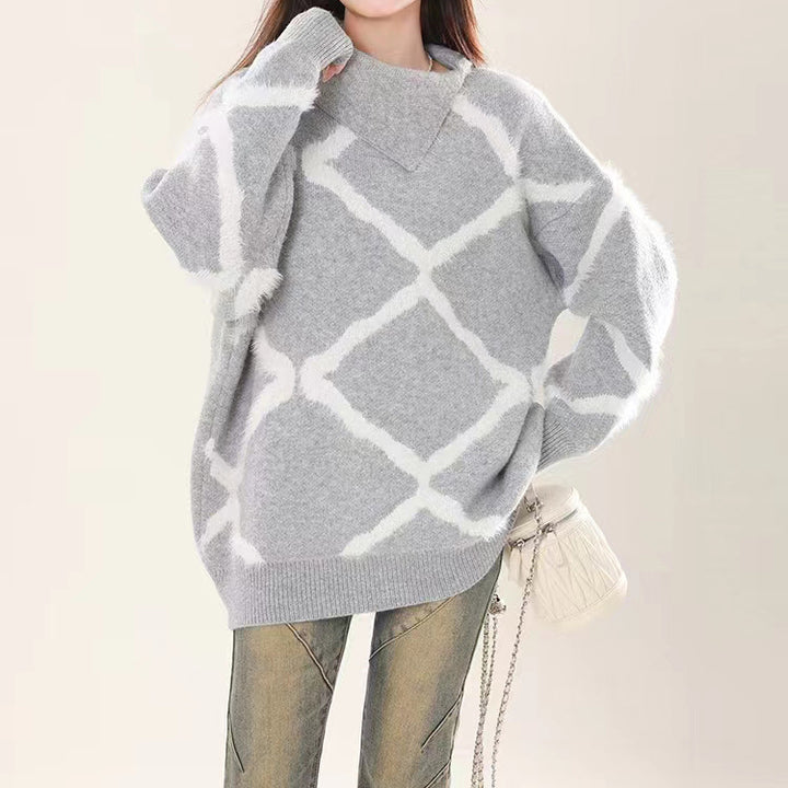 Damen Großer Strickpullover mit geometrischem Muster und hohem Kragen Drune