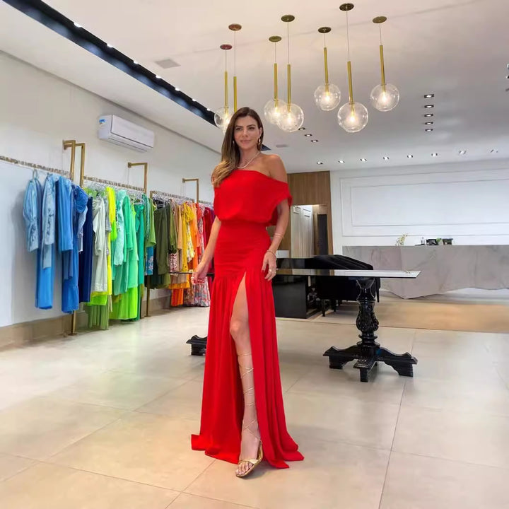 Damen Asymmetrisches Maxikleid mit Schlitz und Schulterfreiem Design Drune