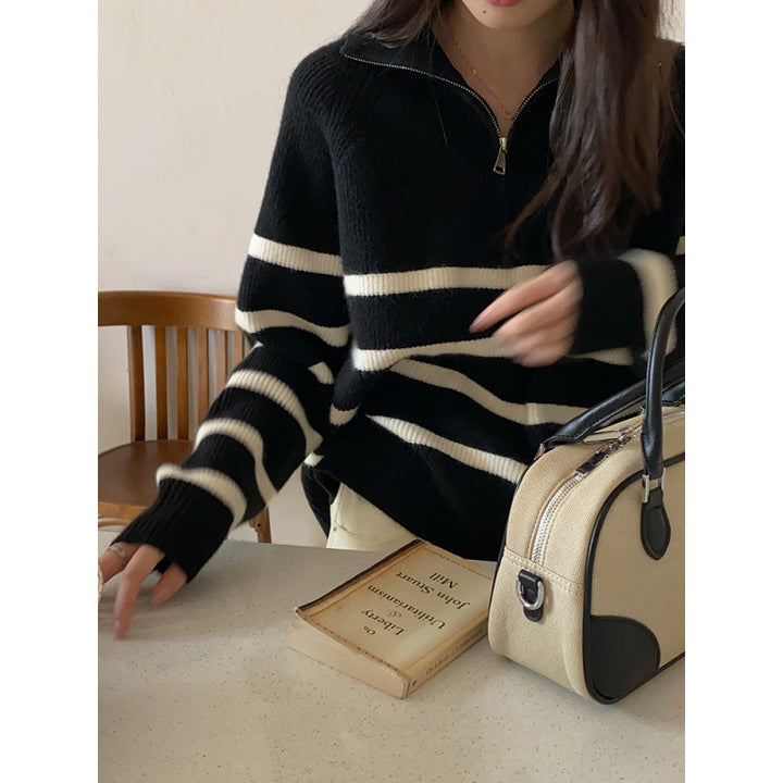 Damen modischer Pullover mit fundiertem Reißverschluss und Streifenmuster Drune