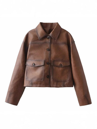 Damen cropped Lederjacke mit praktischen Brusttaschen und Knopfdetails Drune