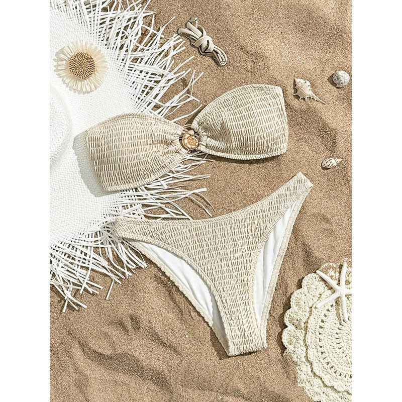 Damen Bandeau-Bikini mit Raffungen und floralem Akzent Drune