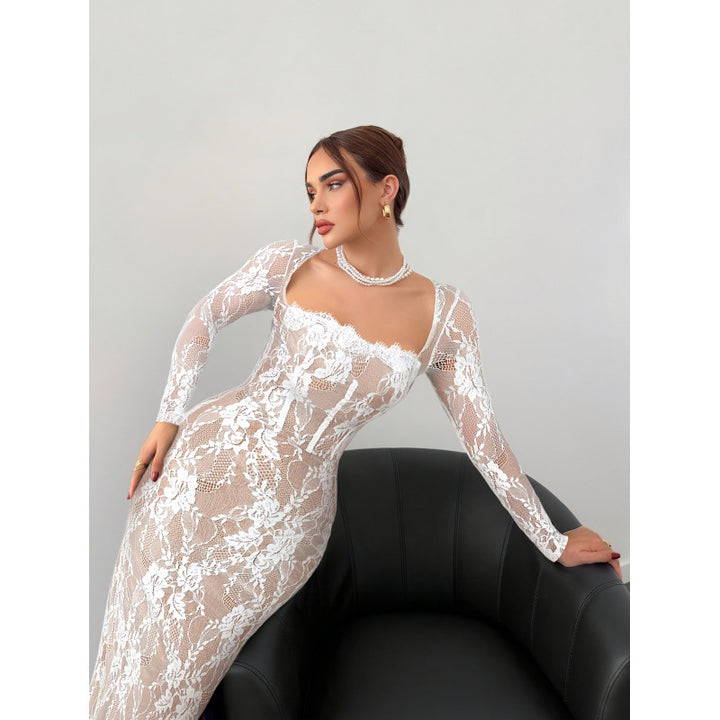 Damen Elegantes Spitzenkleid mit tiefem Rückenausschnitt und transparenten Ärmeln Drune