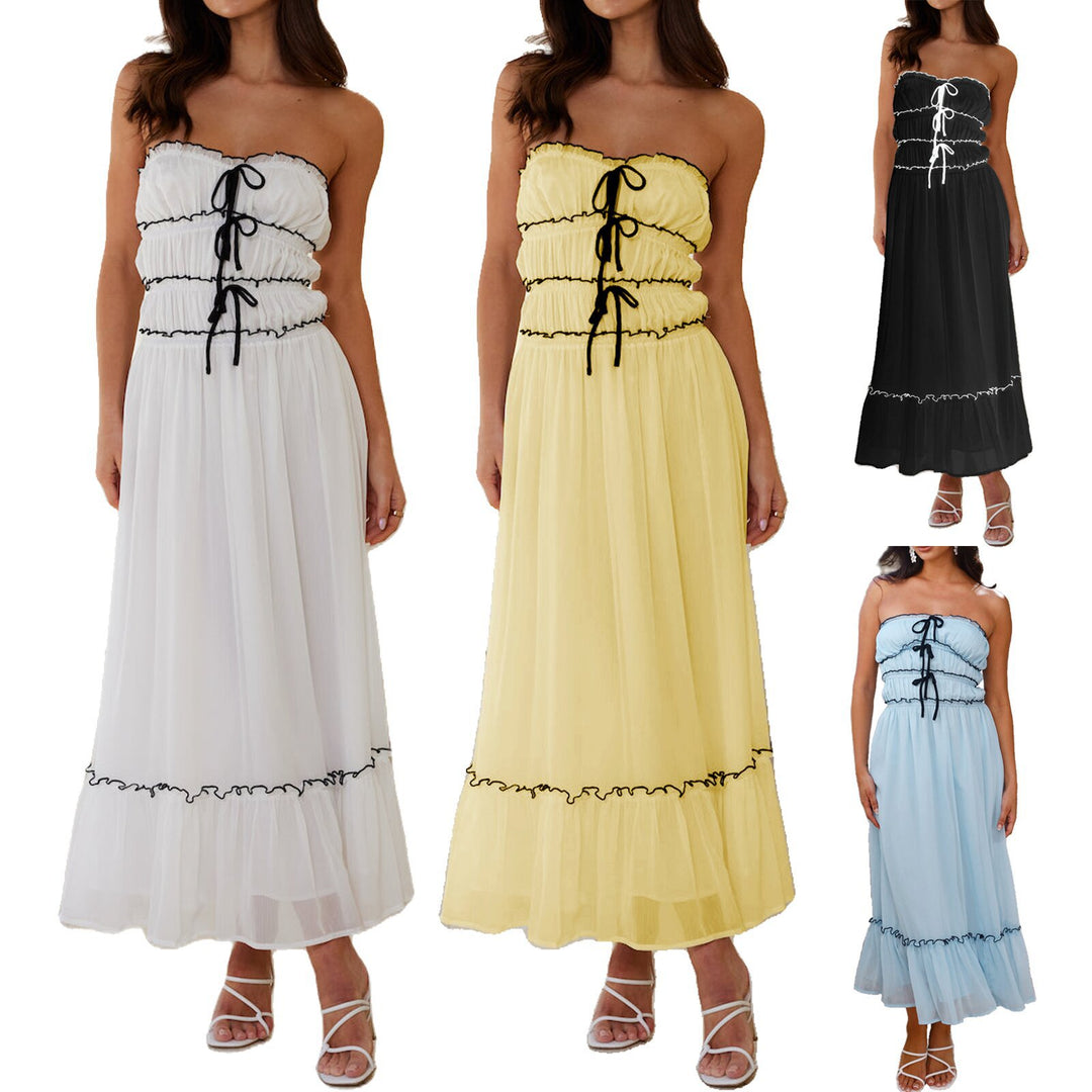 Damen Maxikleid mit dekorativen Rüschendetails und verstellbarem Bindegürtel Drune