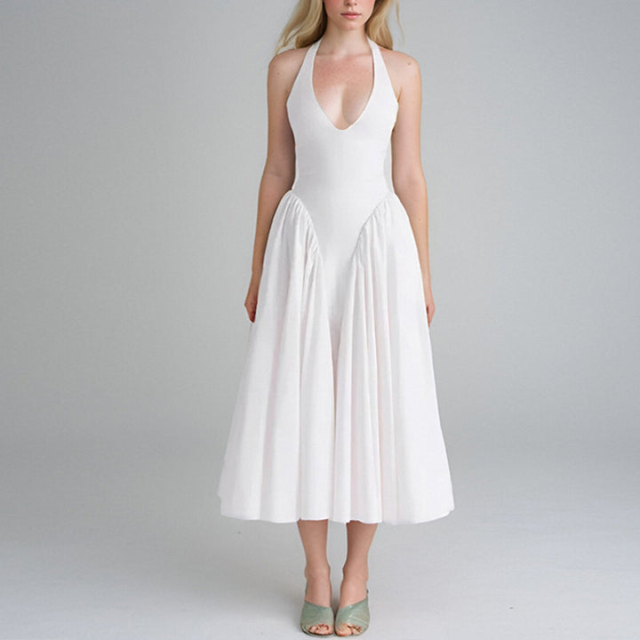 Damen Maxikleid mit tiefem V-Ausschnitt und fließendem Rock Drune