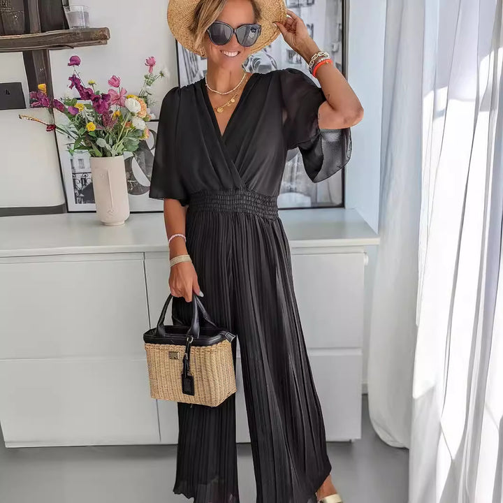Damen Eleganter Jumpsuit mit tiefem V-Ausschnitt und voluminösen Ärmeln Drune