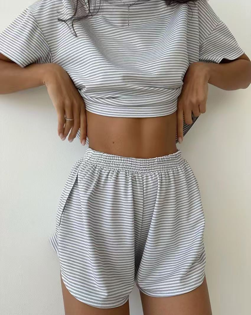 Damen lässiges Crop-Top und Short-Set mit gestreiftem Muster Drune