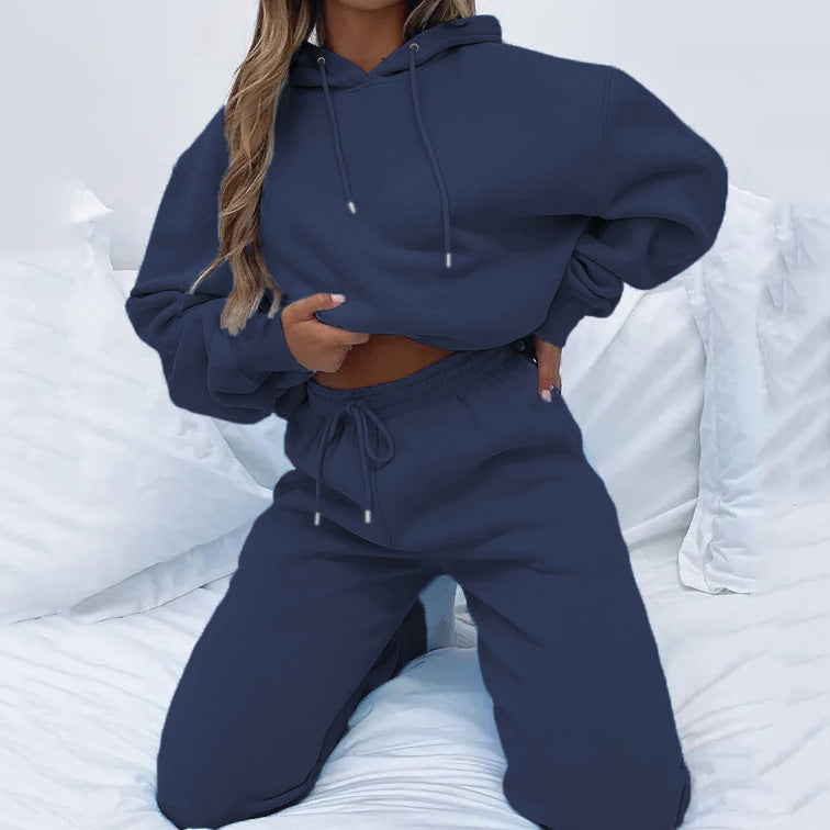 Damen nan Cropped Kapuzenjacke und High-Waist Jogginghose Set aus French Terry mit elastischem Bund Drune