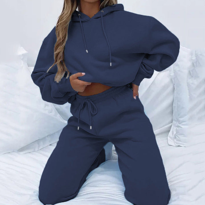 Damen nan Cropped Kapuzenjacke und High-Waist Jogginghose Set aus French Terry mit elastischem Bund Drune