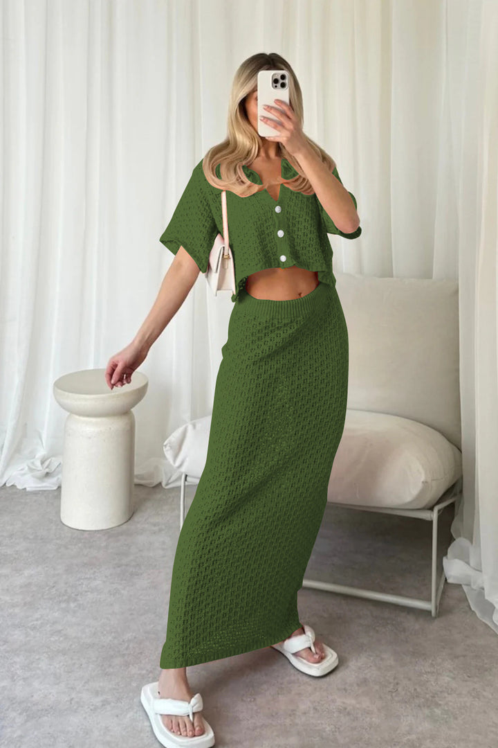 Damen lässiges Strick-Set mit cropped Jacke und Wickelrock Drune